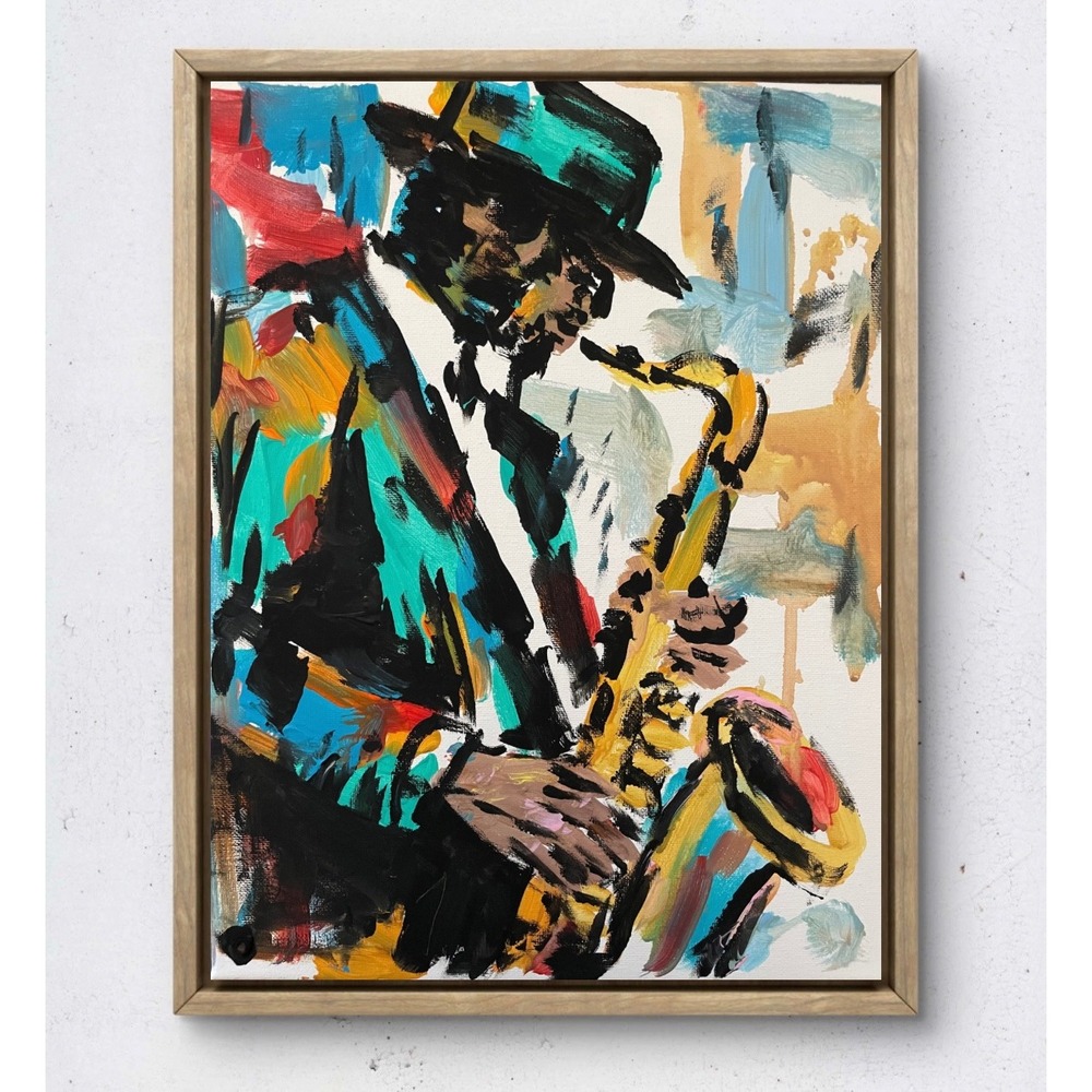OMAN Midnight Melodies Jazz Saxophone Painting 11x14 Canvas Original Art